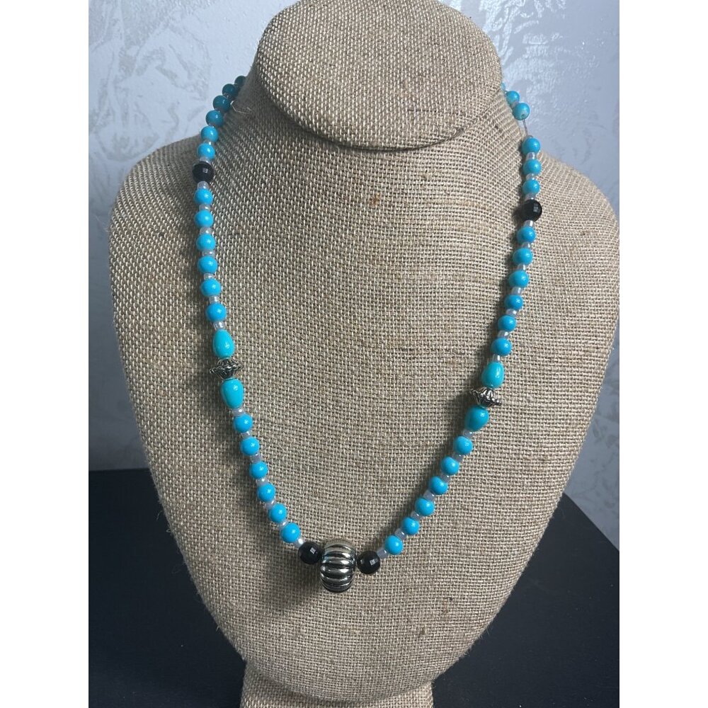 Turquoise & Silver Beaded Necklace With Large Silver Bead Centerpiece